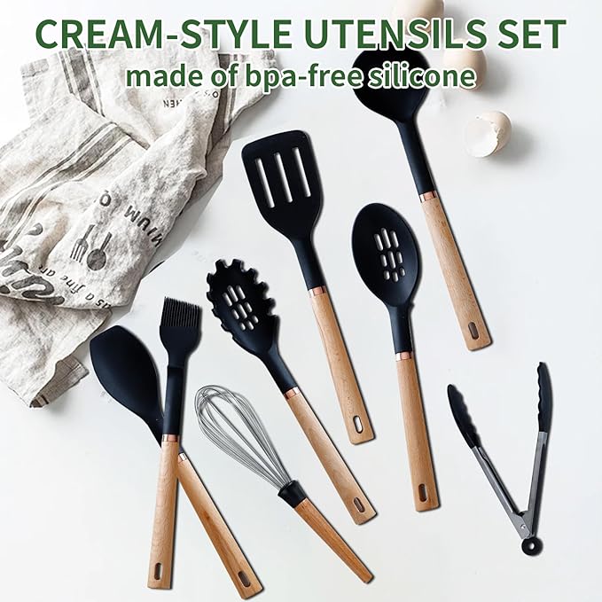 13-Piece silicone utensil set wood handle nonstick cookware safe dishwasher safe kitchen tools BPA free heat resistant (450°F/230°C) ceramic pan safe cooking gifts housewarming (Black)-Ruum Studio Home