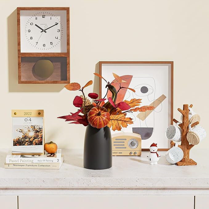 Autumn Artificial Potted Plant Decorations, Maple Leaves, Pinecones, Pumpkins with Black Ceramic Vase for Home,Thankgiving Table Decoration-Ruum Studio Home