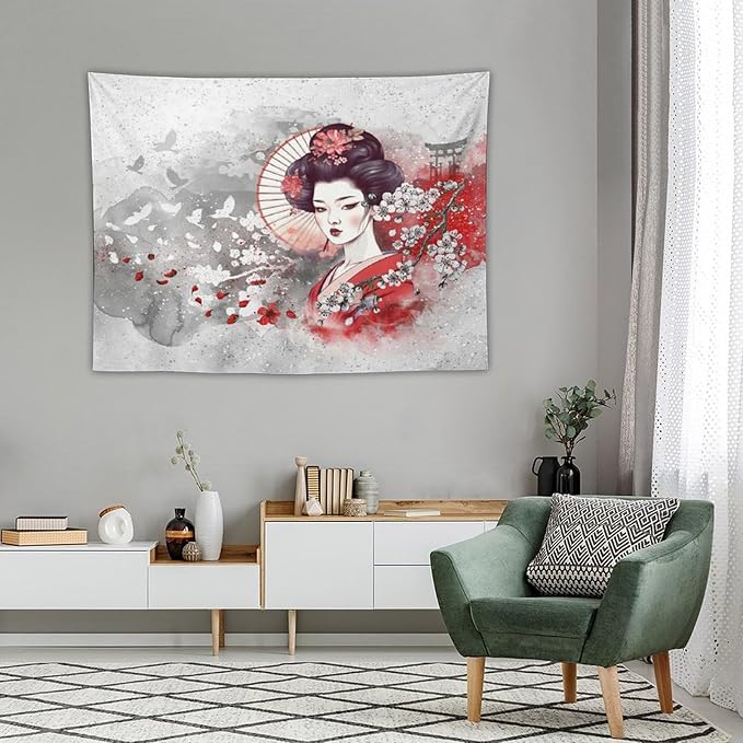 Japanese Geisha Tapestry Asian Red Cherry Blossom Traditional Kimono Folk Tapestries Home Decor for Living Room Bedroom Apartment Farmhouse Dorm 40"x30"-Ruum Studio Home