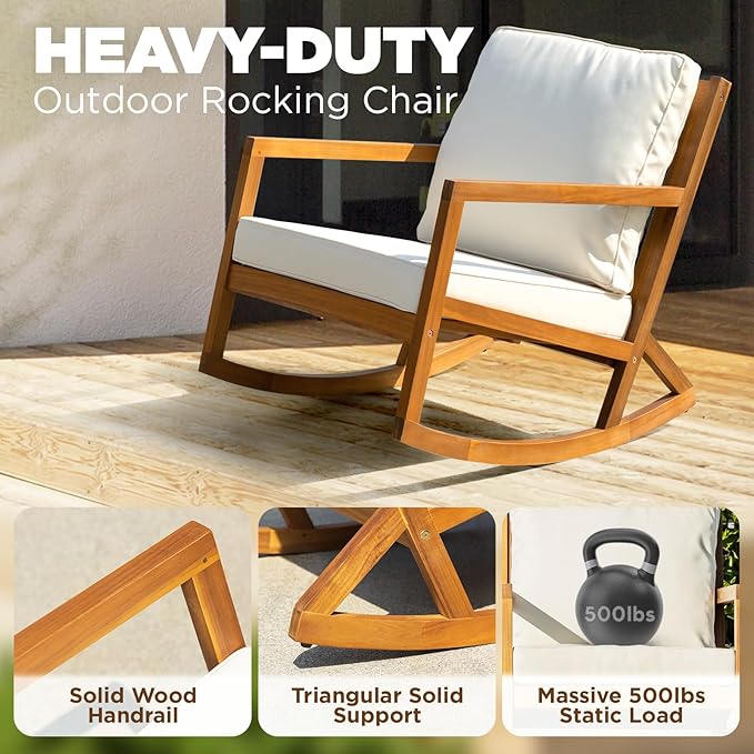IDZO Club Rocking Chair 500lbs Capacity with Inclined Backrest, Thick Foam Cushion, Solid Acacia Wood Rocker for Patio, Backyard, Balcony, Porch-Ruum Studio Home