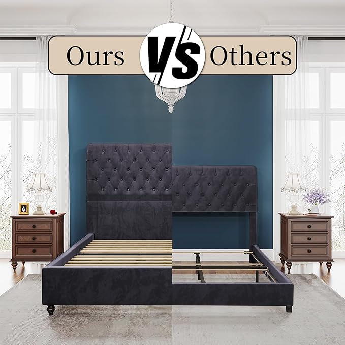 PaPaJet Bed Frame Queen Size Upholstered Platform Bed with 52.8'' Tall Sleigh Headboard, Button Tufted, No Box Spring Needed, Easy Assembly, Dark Grey-Ruum Studio Home