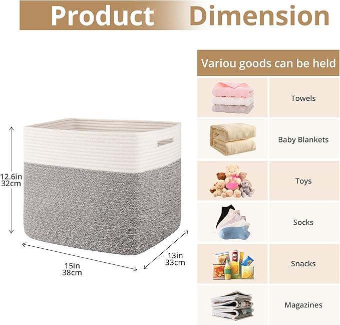 OIAHOMY 13 Kallax Inch Cube Storage Bins, 3-Pack Cotton Rope Woven Baskets for Organizing, Kallax Insert Storage Baskets for Shelves, Baby Nursery, Closet Organizer, 15*13*12.6IN, Grey & White-Ruum Studio Home