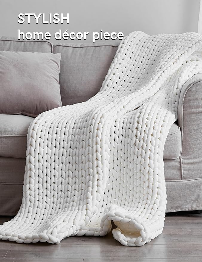 YnM Chunky Throw Blanket, Medium-Weight, Hand Knitted, Skin Friendly, Ventilated and Breathable, Machine Washable, Home Décor Piece for Couch, Sofa and Bed (White, 50x70 Inch)-Ruum Studio Home