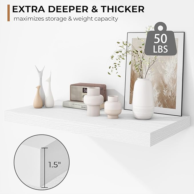 Fun Memories Floating Shelves - 2 Pack 12 Inch Deep Rustic Wooden Wall Shelves - Extra Deeper & Thicker Wall Mounted Storage Shelf for Living Room, Kitchen, Farmhouse - 24" W x 12" D x 1.5" H - White-Ruum Studio Home