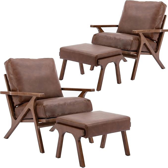 Brown Leather Accent Chair and Ottoman, Mid Century Modern Arm Chair, Retro Upholstered Armchair with Wood Frame & Removable PU Cushions, Large Leisure Slipper Chair for Living Room/Bedroom, Set of 2-Ruum Studio Home