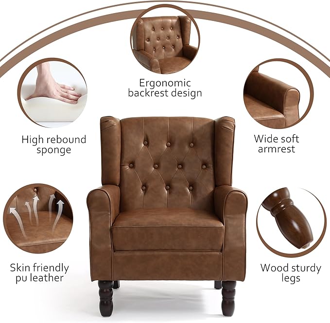 High Back Accent Chairs Set of 2,Upholstered Faux Leather Wingback Armchairs with Solid Wood Legs for Small Spaces,Comfy Single Sofa Chairs for Living Room,Bedroom,Office-Brown-Ruum Studio Home