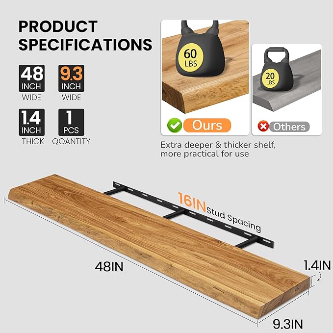 Floating Shelves for Wall, 48"x9.3" Rustic Solid Live-Edge Elm Wood Wall Shelves, Heavy-Duty Floating Shelves with Invisible Brackets for Living Room, Bedroom, and Kitchen, Natural Finish-Ruum Studio Home