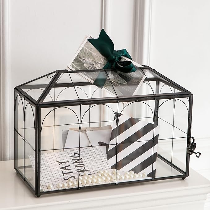 Wedding Card Box with Slot, 12.6'' Large Glass Card Boxes for Reception, Black Geometric Holder, Clear Decorative Storage Box with Lock for Baby Shower, Birthday Party, Christmas, Bridal Shower-Ruum Studio Home