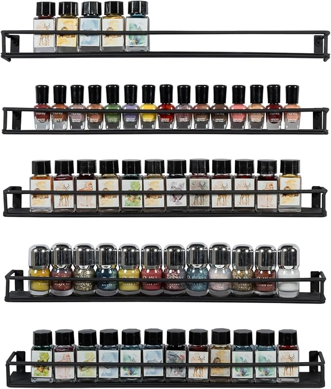 MyGift 16 Inch Wall Mounted Black Metal Nail Polish and Essential Oil Display Shelves, Kitchen Hanging Racks for Seasoning Shakers or Spice Jars, Set of 5-Ruum Studio Home