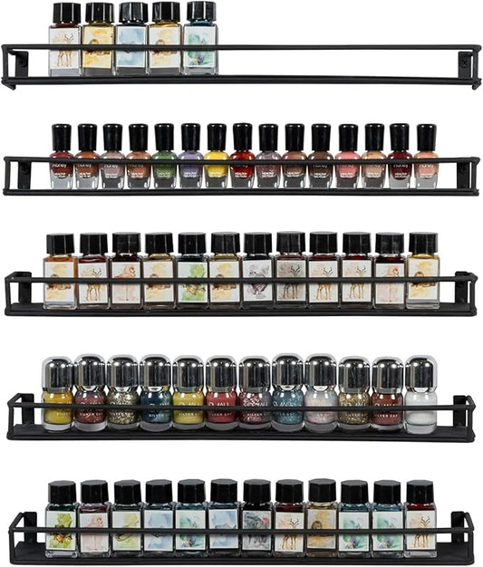 MyGift 16 Inch Wall Mounted Black Metal Nail Polish and Essential Oil Display Shelves, Kitchen Hanging Racks for Seasoning Shakers or Spice Jars, Set of 5-Ruum Studio Home