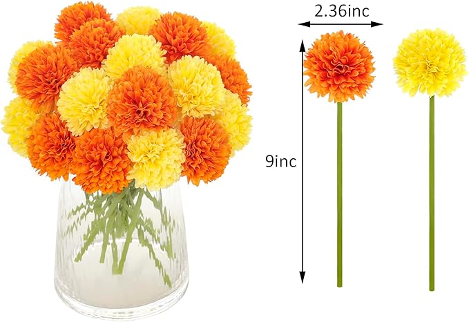 Kimura's Cabin 20Pcs Fake Silk Ball Flowers Artificial Chrysanthemum Faux Mums Bouquets Wedding Arrangements Halloween Home Table DIY Center Decoration (Orange Yellow)-Ruum Studio Home