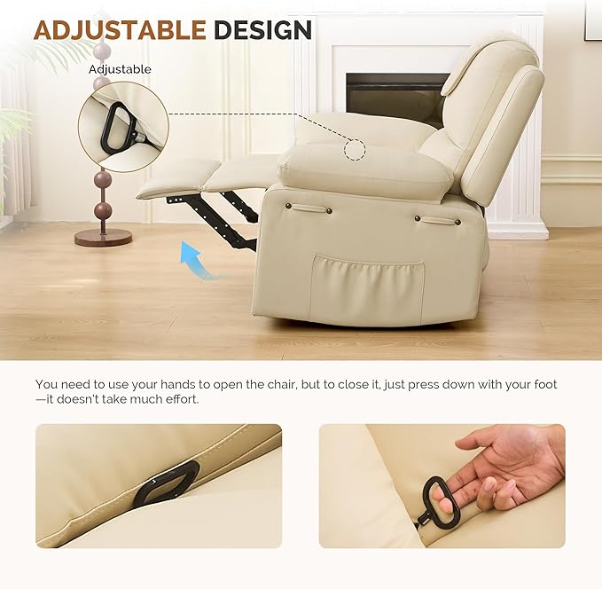 Recliner Chair with Electric Massage Adjustable Footrest & Heat, Manual Leather Recline for Adults Living Room Remote Control (Beige)-Ruum Studio Home