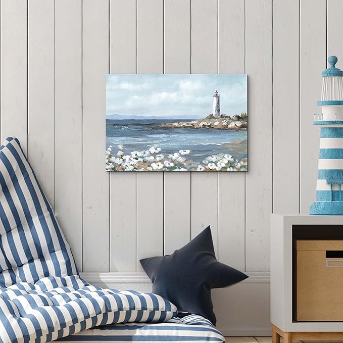 cozy country Lighthouse Wall Art 16"x11" - Coastal Pictures Beach Canvas Ocean Decor - Nautical Artwork Seascape Painting for Bathroom, Bedroom, Sea House-Ruum Studio Home