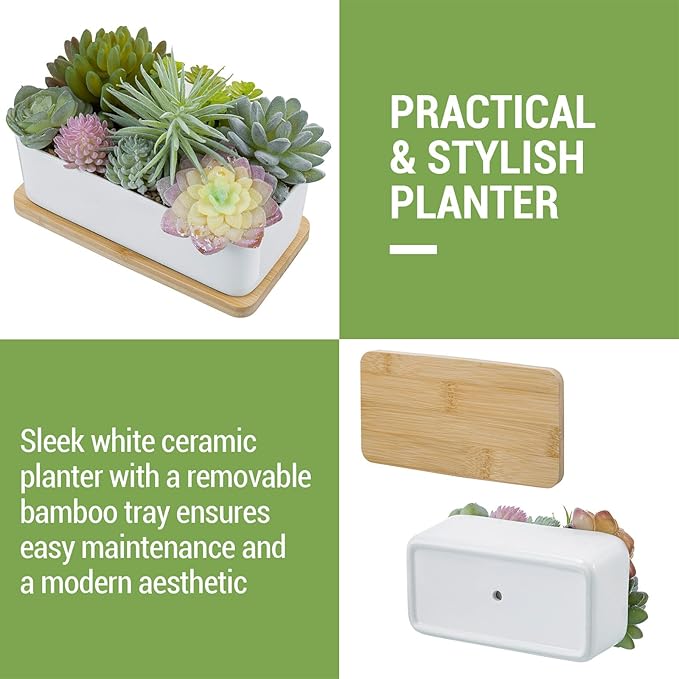 MyGift Assorted Artificial Succulent Plant Arrangement Potted in White Ceramic Planter Pot with Removable Bamboo Tray-Ruum Studio Home