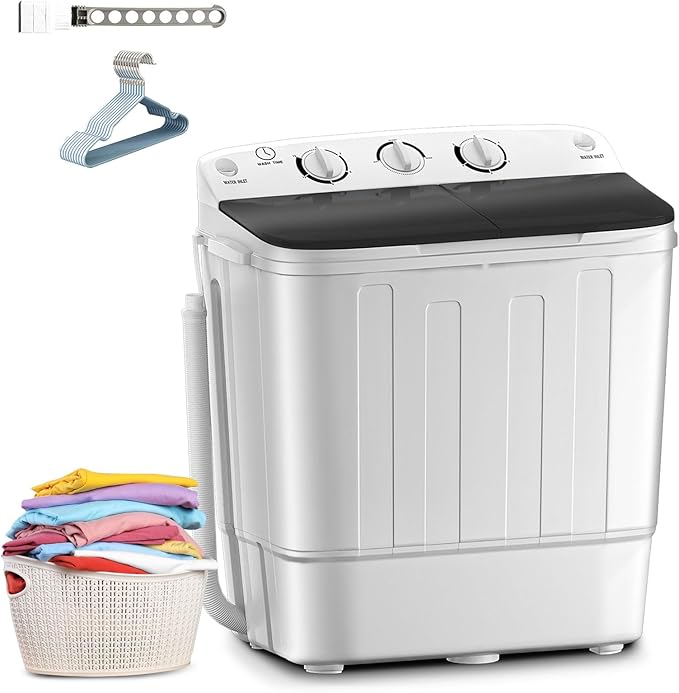 Portable Mini Twin Tub 18lbs Washing Machine With Drying Rack& 10 Hangers, 11lbs Washer & 7lbs Spinner, Small Laundry Washer with Time Control for Camping, Apartments, RV (18lbsBlack)-Ruum Studio Home