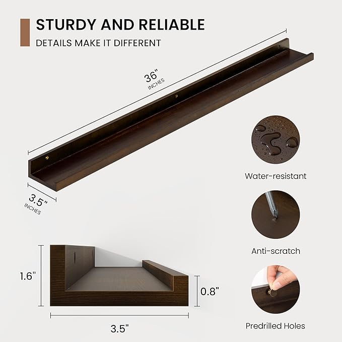 Picture Ledge Shelf, Solid Pine Wood Floating Shelves Set of 2, 36 Inches Nursery Book Shelves for Toys Storage, Kids Bookshelf Wall Mounted for Living Room Bedroom Decor Books Photo Frames, Walnut-Ruum Studio Home