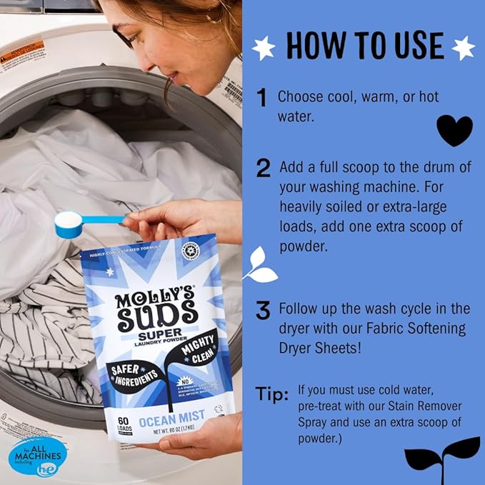 Molly's Suds Super Powder Detergent | Extra Strength Laundry Soap, Stain Fighting | Sensitive Skin | Simple, Effective Ingredients | 60 Loads - Ocean Mist-Ruum Studio Home