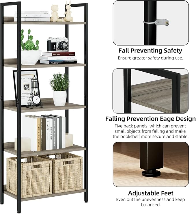 NUMENN Bookshelf, 5 Tier Bookshelves, Home Office Bookcase Shelf Storage Organizer, Free Standing Storage Shelving Unit for Bedroom, Living Room and Home Office, Grey-Ruum Studio Home
