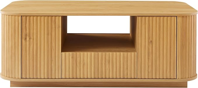 46.5" Oval Coffee Table with Drawers and Storage Mid Century Modern Fluted Solid Wood Side Coffee Tables, Luxury Tea Table Center Table for Living Rooms Offices Apartmen, Natural-Ruum Studio Home