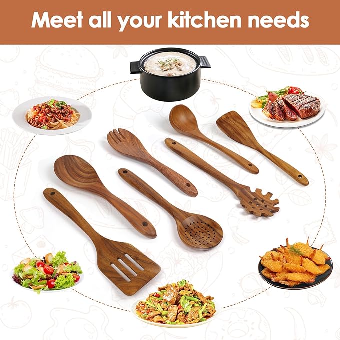 comfoyar Teak Wooden Spoons for Cooking, 7 Pieces Kitchen Cooking Utenails Set with Spatula and Ladle, Heat Resistant Kitchen Cookware for Nonstick Pan-Ruum Studio Home