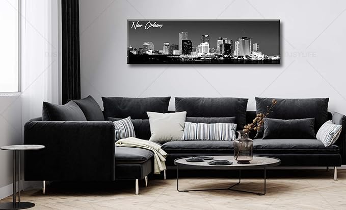 DJSYLIFE New Orlean Canvas Wall Art Decor City Skyline Pictures Poster Artwork Black and White Panorama Cityscape Painting for Bedroom Office Living Room Decoration Ready to Hang 13.8"X47.3"-Ruum Studio Home