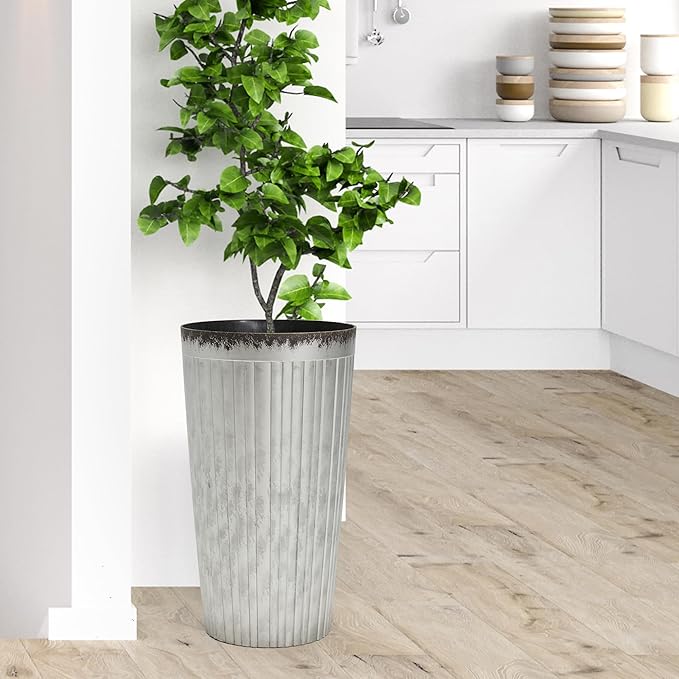 Worth Garden 22.5" H. Plastic Planters - Set of 2 Silver Color Tall Conical Plant Pots for Indoor Outdoor Use - Decorative Lightweight Flower Pots for Front Porch, Patio, Deck - 12.5" Dia x 22.5" H-Ruum Studio Home