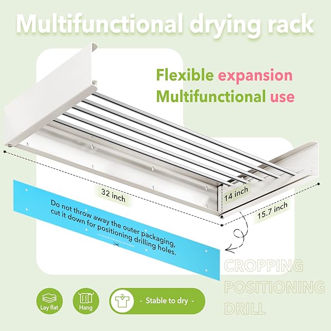Wall Mounted Clothes Drying Rack 32 inches,Foldbale Laundry Drying Rack Wall Mount,Drying Rack Clothing Space Saver,Retractable,Collapsible,Folding Laundry Rack,White-Ruum Studio Home