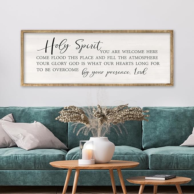 Holy Spirit You are Welcome Here Wall Decor Art 32x12 Inch Large Christian Song Bible Verse Plaque Wood Framed Sign Living Room Scripture Quote Religious For Office Wall Hanging (Wood)-Ruum Studio Home