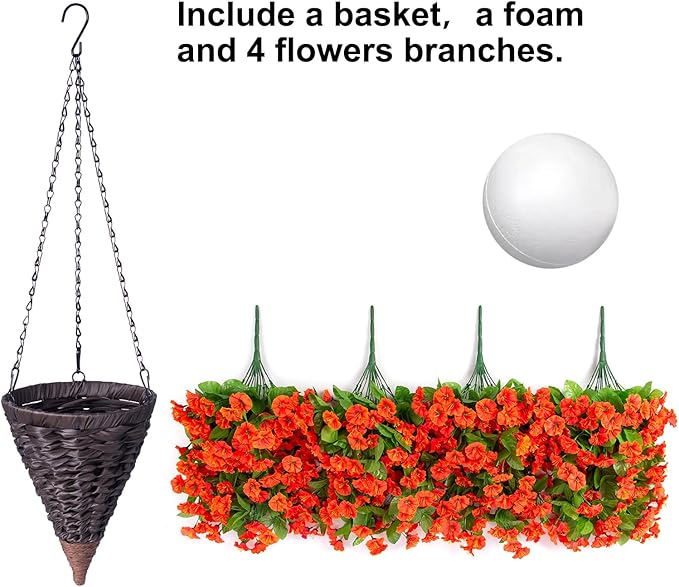 Artificial Fake Hanging Flowers Plants Baskets for Outdoor Fall Decoration, Faux Silk Orange Morning Glory in Planter UV Resistant Look Real for Home Porch Patio Balcony Yard Decor-Ruum Studio Home