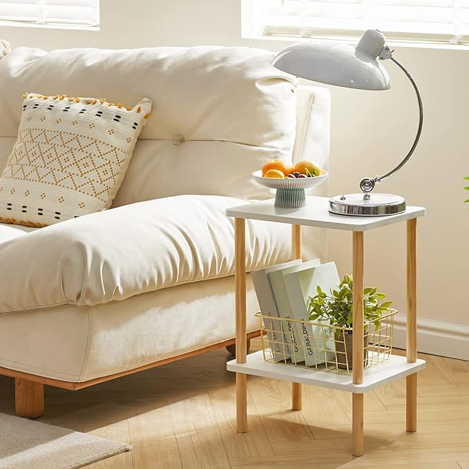 IBUYKE 2-Tier Side Table, Solid Wood Tall End Table with Storage Shelves, Nightstand Bedside Table for Living Room Bedroom Office, No-Tool Assembly, White UWST002W-Ruum Studio Home