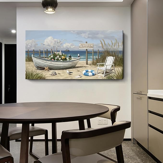 amatop Oversized Coastal Canvas Wall Art – Nautical Seaside Landscape Floral Boat on Sandy Beach Ocean Seabirds Horizontal Decor Large Wildflower Nature Artwork for Living Room Bedroom Office 58×29 Inch-Ruum Studio Home