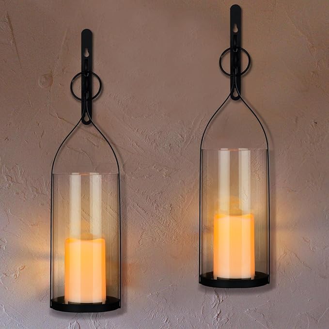 Metal Wall Sconce Candle Lantern Set of 2 - Black Wall Mounted Hanging Holder with Glass & Candles Vintage Wall Decor for Porch, Living Room, Dining Room, Bedroom Indoor Decor-Ruum Studio Home