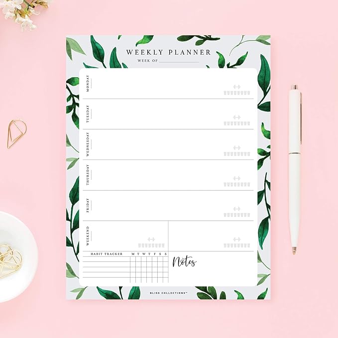 Bliss Collections Weekly Planning Pad, Desk Calendar - Greenery - Undated Tear-Off Sheets Notepad - Calendar, Organizer, Scheduler for Goals, Tasks, Ideas, Notes & To-Do Lists - 8.5" x 11", 50 Sheets-Ruum Studio Home