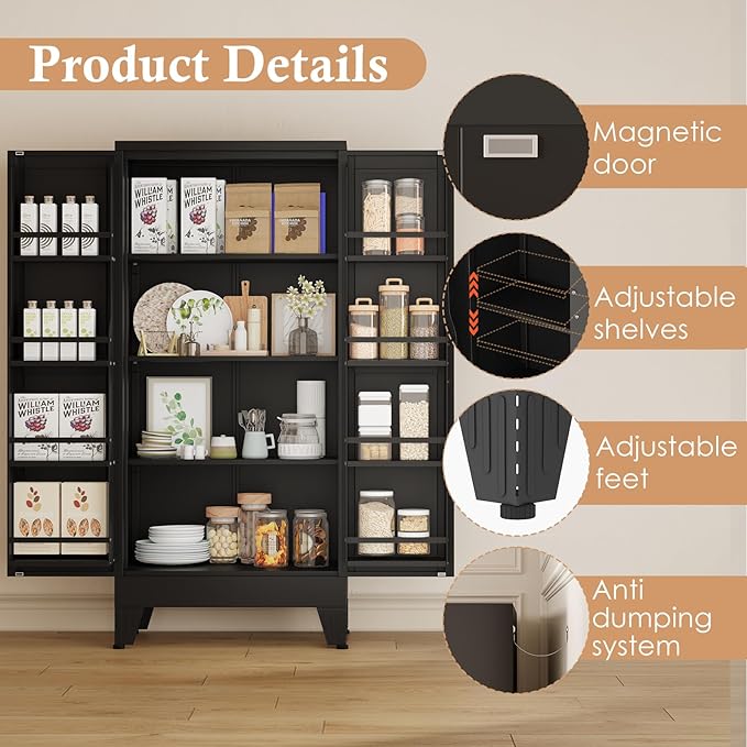 51" H Metal Kitchen Pantry Storage Cabinet, Freestanding Cupboard Storage Cabinet with Doors and Adjustable Shelves, Large Stand Up Food Cupboard for Living Room, Dinning Room, Black-Ruum Studio Home