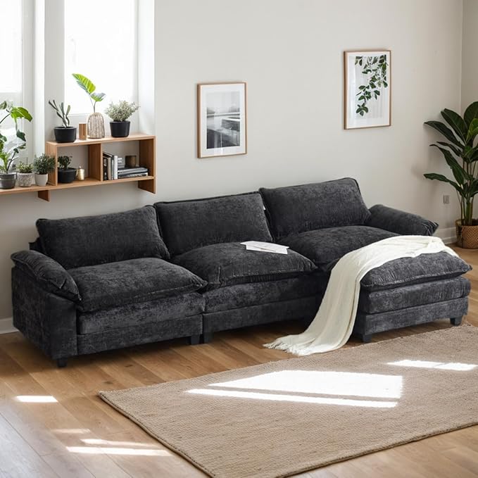 Karl home Sectional Sofa Modular Deep Seat Sofa Couch with Ottoman, Chenille Sofa Sleeper Comfy Upholstered Furniture for Living Room, Apartment, Studio, Office, (3-Seat & 1-Ottoman, Black)-Ruum Studio Home