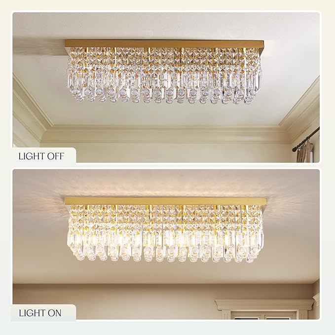 Modern Crystal Chandelier, 6 Lights Luxury Gold Rectangular Flush Mount Ceiling Light, Dining Room Light Fixture, Rectangle K9 Crystal Raindrop Chandelier for Living Room Bedroom L31.5 Inch-Ruum Studio Home
