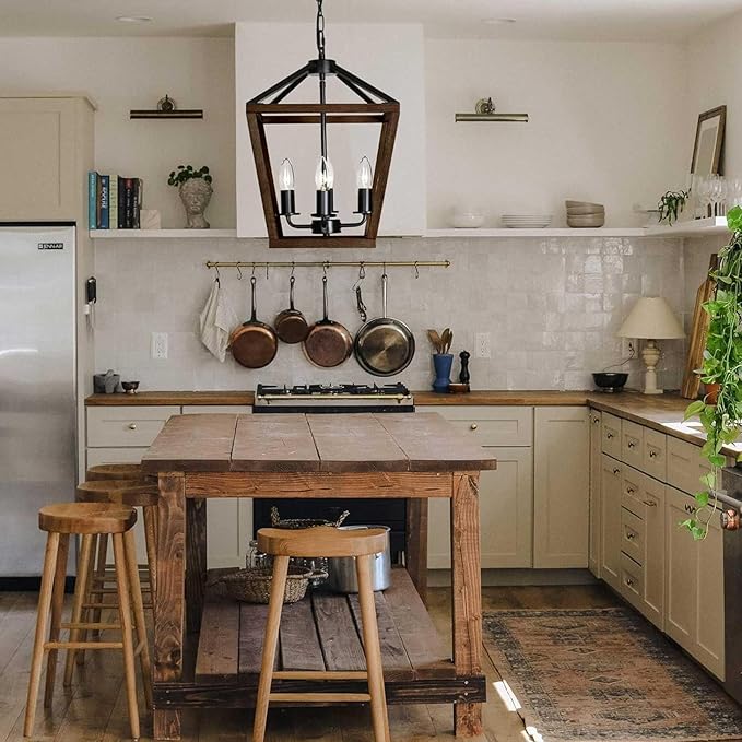 4-Light Lantern Pendant Light,Black Wood Cage Farmhouse Chandelier for Kitchen Island,12'' Rustic Metal Geometric Hanging Lighting Fixture for Kitchen Island Dining Room Bedroom Foyer Entry-Ruum Studio Home
