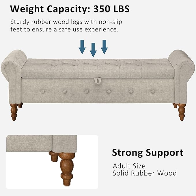 Storage Ottoman Bench for Bedroom, Linen 52" End of Bed Bench with Rolled Arms Upholstered Ottoman Bench Fit for Bedroom, Living Room, Entryway, Linen Gray-Ruum Studio Home