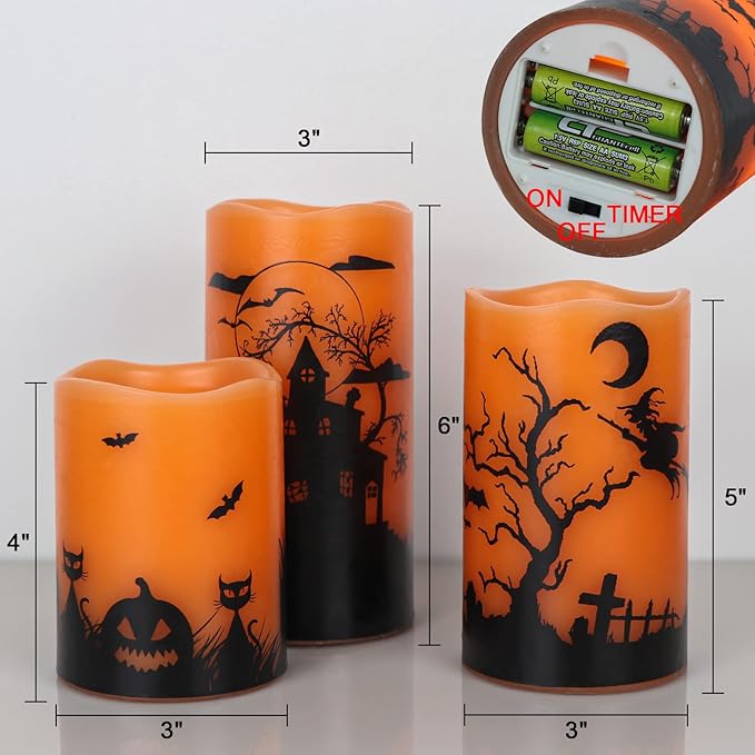 Wondise Halloween Flickering Flameless Candles with 6 Hour Timer, Battery Operated LED Real Wax Candles Set of 3 Halloween Home Decoration Gifts(3 x 4 5 6 Inch)-Ruum Studio Home