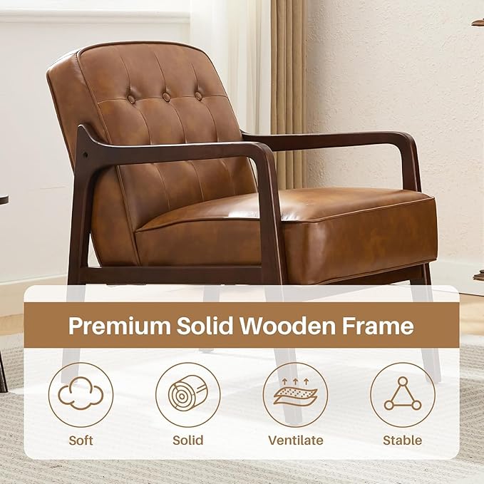 Faux Leather Accent Chair Set of 2, Mid Century Chair for Living Room, Upholstered Comfy Lounge Armchair with Solid Wood Frame, Modern Chair for Bedroom,105°Ergonomic Comfort, Brown-Ruum Studio Home
