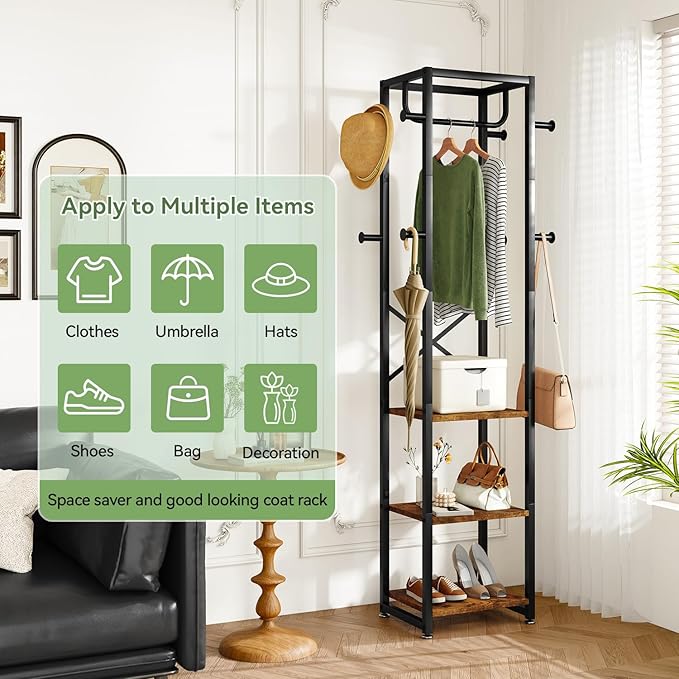 IBUYKE Coat Rack with Shelves, Freestanding Hall Tree with 3 Shelves and 8 Hooks, Industrial Clothes Stand for Entryway, Hallway, Bedroom, Rustic Brown UTMJ088H-Ruum Studio Home