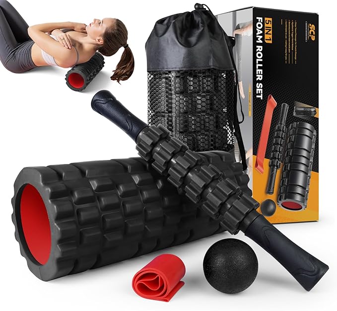 5 in1 Foam Roller Set, Trigger Point Foam Roller, Massage Roller Stick, Massage Ball, Resistance Band for Deep Muscle Massage Pilates Yoga,Fitness Exercise for Whole Body (Black-Red)-Ruum Studio Home