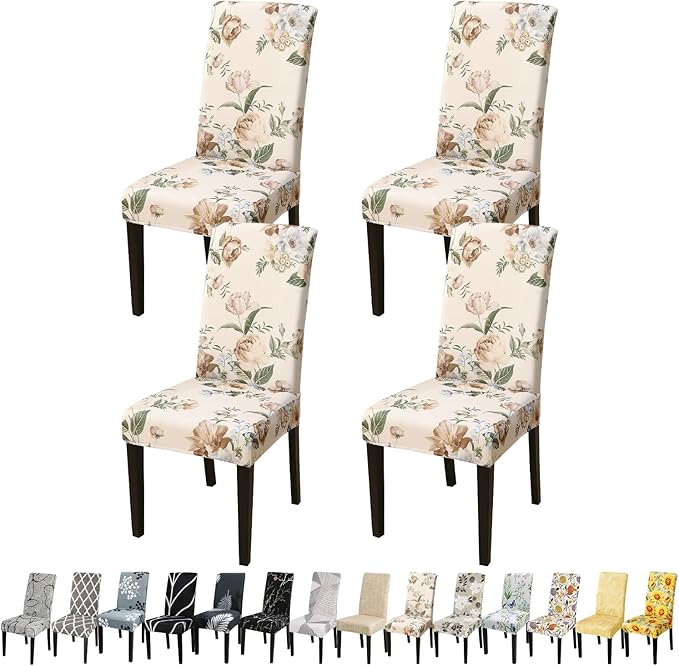 JQinHome Pattern Chair Covers for Dining Room Set of 4, High Stretch Removable Washable Parsons Chair Slipcover for Home Party Hotel Wedding Ceremony (Peony Flower,4PCS)-Ruum Studio Home