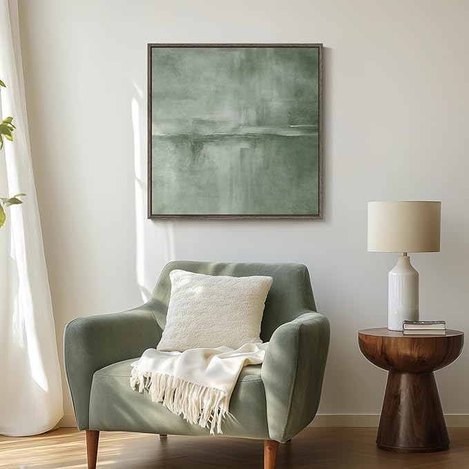 Framed Sage Green Abstract Wall Art, Modern Canvas Prints Artwork for Walls, Square Minimalist Green Abstract Pictures for Living Room, Hallway, Dining Room, Bedroom, Home Office Wall Decor 24x24 In-Ruum Studio Home
