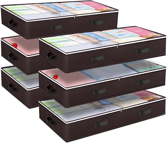 Budding Joy 6 Pack 90L Under bed Storage Containers Organizer Large Capacity Underbed Clothes Storage Bins Organization and Storage Bedroom Foldable Storage Bags with Clear Window Brown-Ruum Studio Home
