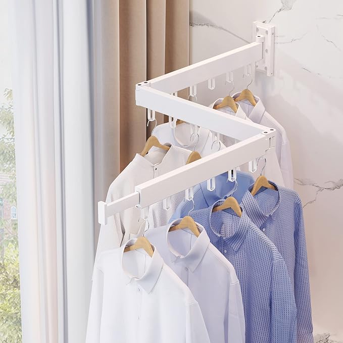 Clothes Drying Rack Wall Mounted,Drying Rack Clothing,Clothes Hanging Rack,Retractable,Collapsible(Tri-Fold), White Color(Ring)-Ruum Studio Home