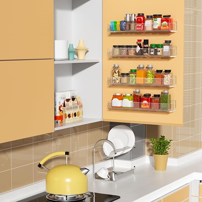 NIUBEE Wall Mounted Spice Rack Organizer,Clear Acrylic Spice Shelf Storage Holder,Hanging Seasoning Rack Organizer for Wall Kitchen 4 Pack-Ruum Studio Home