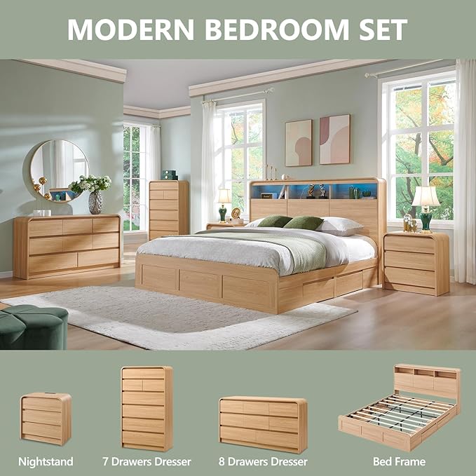 25" Tall Modern Nightstand with Charging Station, 23.6'' Wide Wood Bedside Table w/3 Storage Drawers, Small Dresser w/Curved Profile Design, End Table for Bedroom, Natural Oak-Ruum Studio Home