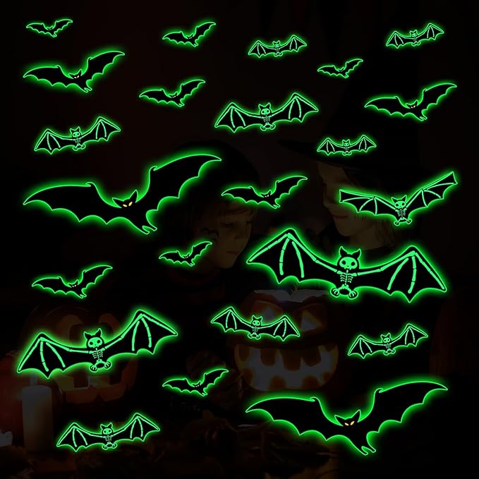 3 Sheets Glow in The Dark Halloween Skeleton Bat Decals Luminous Halloween Skeleton Bat Stickers Removable Bat Wall Decor Glowing Window Clings for Scary Halloween Theme Party Decorations-Ruum Studio Home