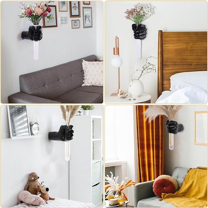 Black Wall Sculptures, Hand Vases Home Decor, Wall Mount Art Sculpture, Unique Wall Art Statue, Funky Flower Vase Decorations, Modern Eclectic Hanging Decor,Glass Test Tube Vase-Ruum Studio Home
